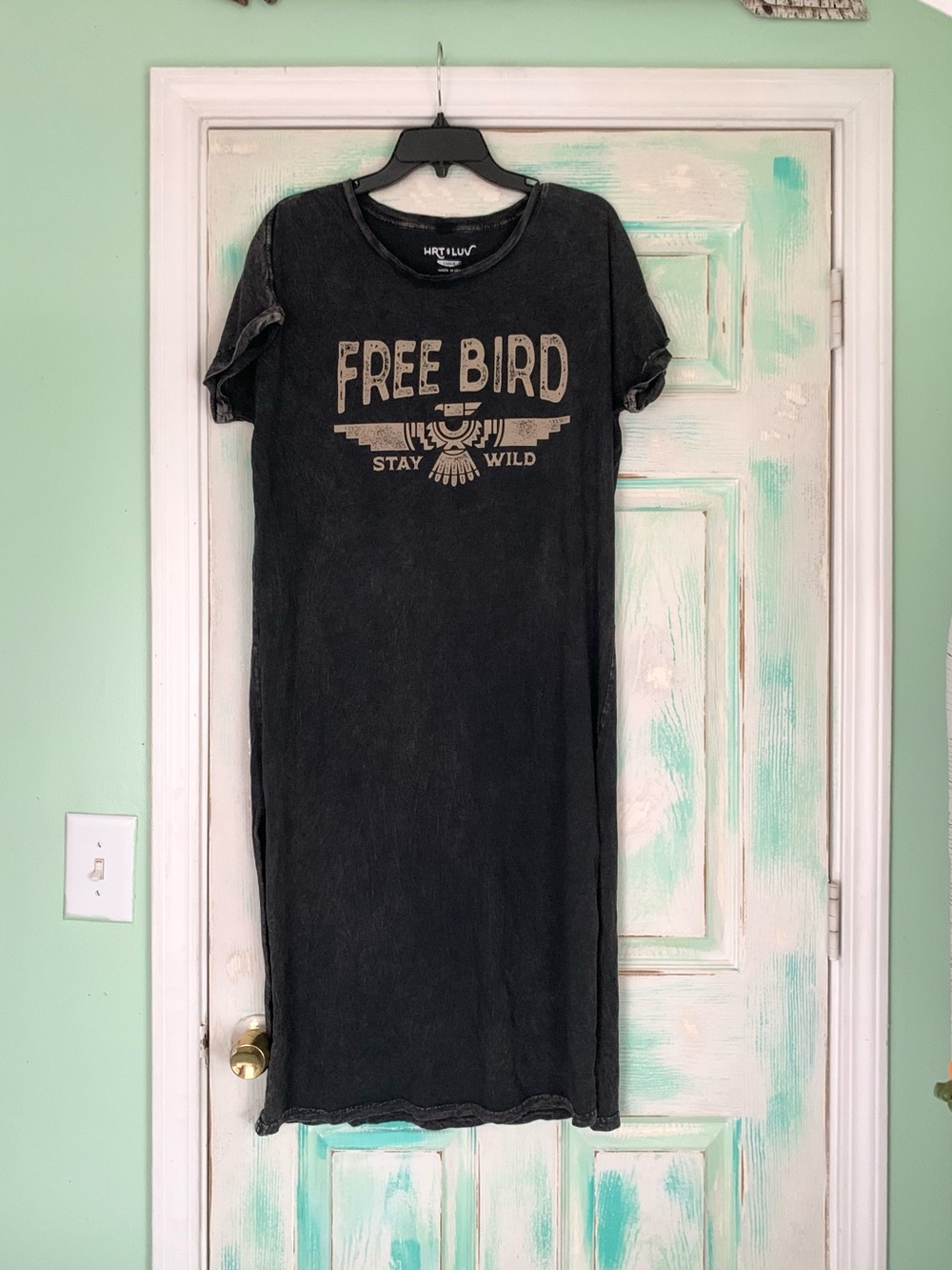 HRT & LUV Freebird Stay Wild Black Mineral Wash Side Slit T-Shirt Dress Large